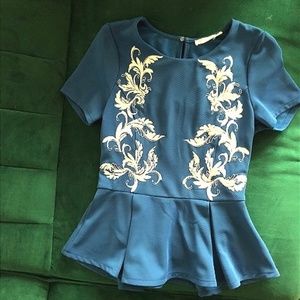 Blue Embroidered Peplum Top- Lush